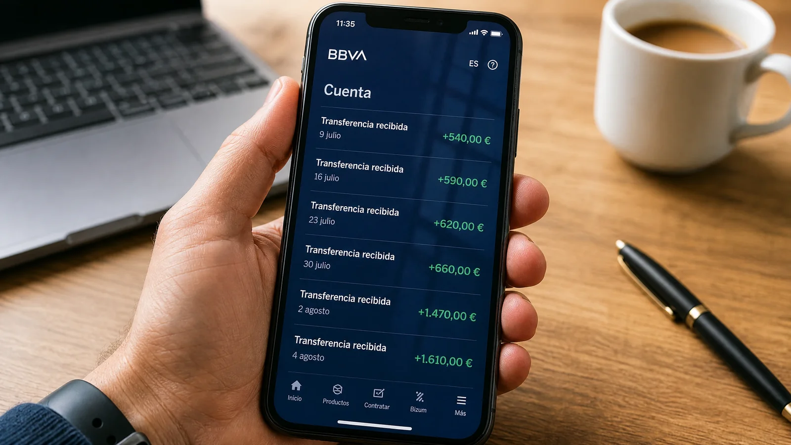 App de BBVA de Marcos Ferrer, transferencias recibidas del 9 de julio al 4 de agosto